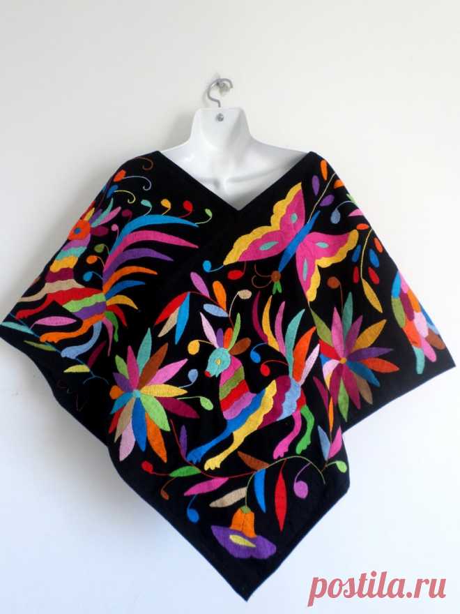 Gorgeous Hand embroidered Black Multicolor OTOMI Poncho Also - Etsy Chile