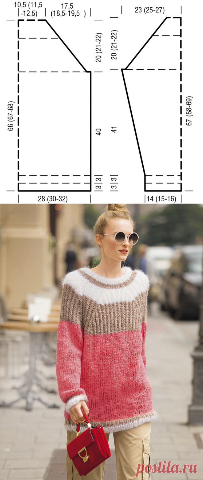 Удлиненный джемпер с патентной кокеткой - схема вязания спицами. Вяжем Джемперы на Verena.ru