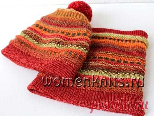 Комплект из шапки-бини и снуда спицами