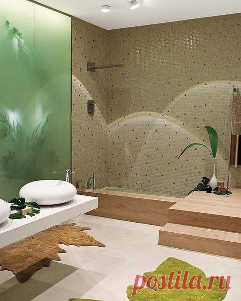 Ванная комната в природной стиле. Сочетание зелёного и бежевого цвета напоминает о песке и живых листьях. Округлая форма белоснежных раковин напоминает гигантскую, отполированную морем, гладкую гальку.