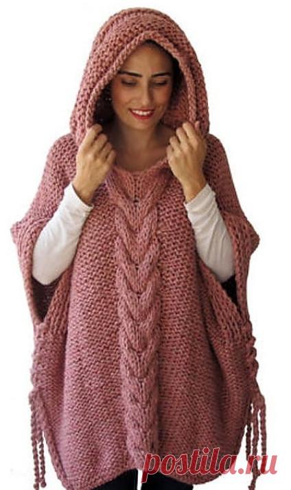 Стильное пончо с капюшоном — универсальная и уютная вязаная одежда…