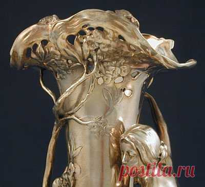 Art Nouveau Silver Plate on Pewter Vase with two Maidens