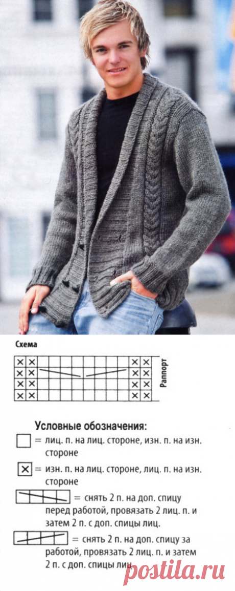 Мужской двубортный жакет с косами. Вязаный мужской жакет с косами спицами | |