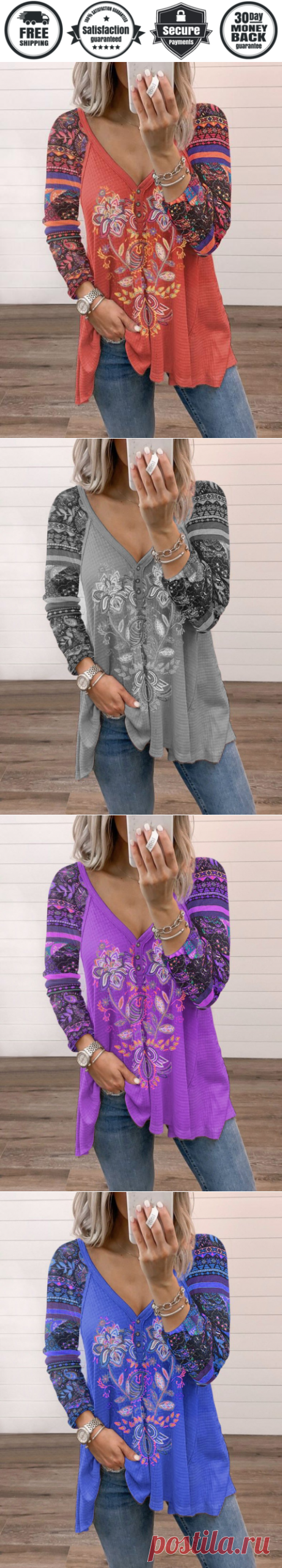 Zipper v neck bohemia style women long sleeve printed T-shirts - Cicicloth