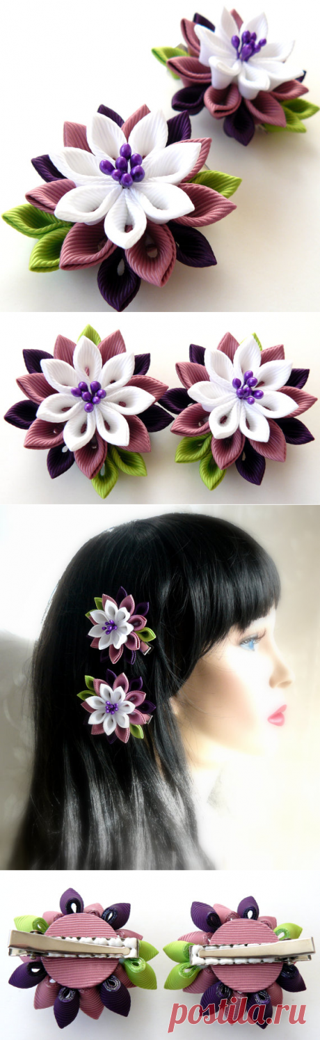 Kanzashi Fabric Flowers. Set of 2 hair clips. Pink plum от JuLVa