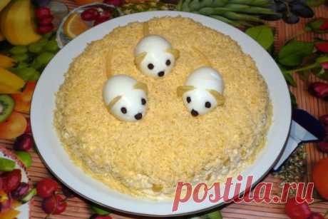 Салат "Мышки"
Когда я приготовила этот салат на день рождения мужа, несмотря на обилие блюд на столе, свекровь и гости были в восторге именно от этого салата. Всем понравились и оформление, и вкус. Готовится он очень просто и быстро. Так же, как и съедается. Хотя с мышками придется немного повозиться. Но именно благодаря им, салат на столе выглядит эффектно.
Сам салат очень простой и готовится минут за 15. А вот мышек в первый раз я делала более получаса. Теперь уже наловчилась и получается го