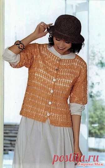 Летний ажурный жакет с цельно кроенными короткими рукавами. Крючок. ONDORI «SeibidoMookVol7_14»/япония/