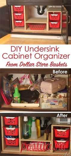 From a single sheet of plywood and some dollar store bins she built this fabulous organizer. What a great way to use all that awkward space under the sink! Undersink Cabinet Organizer with Pull Out Baskets. via TheKimSixFix.com