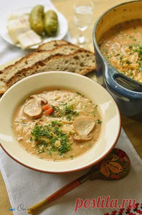 Украинская кухня. Суп грибной по-гуцульски - БУДЕТ ВКУСНО! - медиаплатформа МирТесен Состав: сушенные белые грибы, можно и свежих добавить, кто как любит грамм 50, квашенная капуста около 400 граммов, три средние луковицы, пару ст.ложек томатного пюре, копчёная колбаса грамм 200, 150 грамм перловки,сметана, ст.ложка муки, зелень, лавровый лист, соль, перец. Промываем сушенные