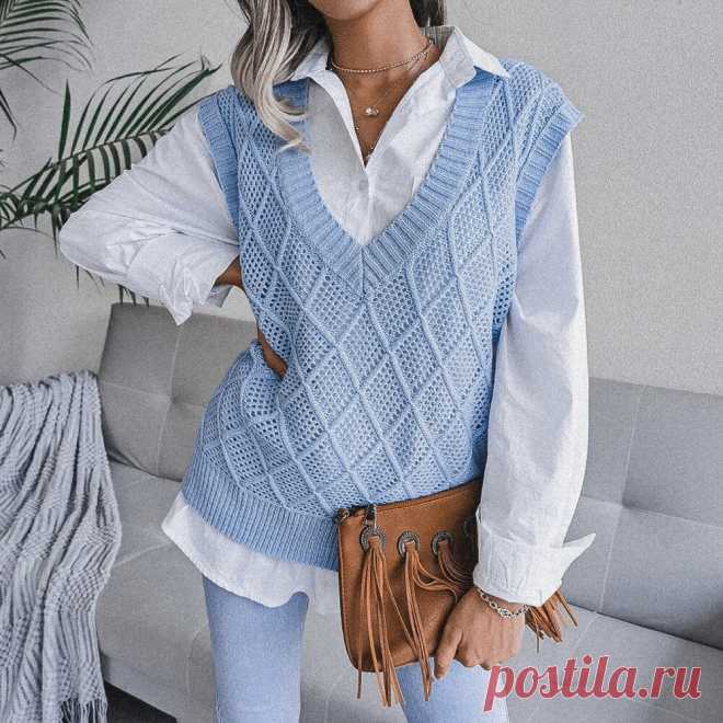 Голубая безрукавка с сетчатыми ромбами (схема узора)