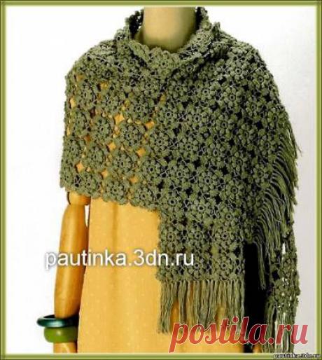 Палантин крючком из цветочных мотивов, связанных пышными столбиками. Схемы. / pautinka.3dn.ru