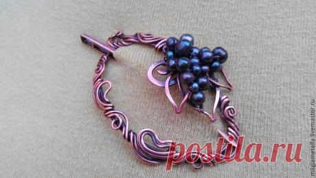 Заколка "Плодородие" медная фибула с черным жемчугом. - медь,Медь ручной работы