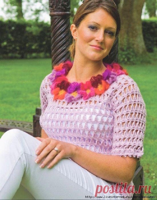 Ажурный летний пуловер "Анютины глазки" от Sasha Kagan. Схемы. /