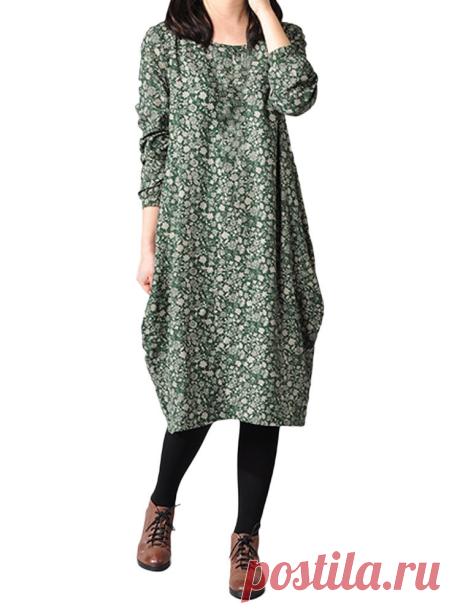 O-Newe Casual Loose Floral Printed Linen Long Sleeve Women Midi Dress - Newchic Fashion Dress