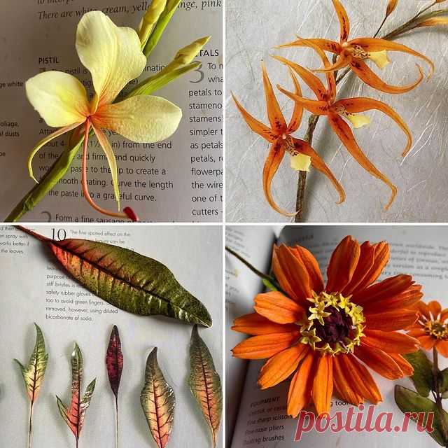 Ginger Lily, Brassada Orchid, Croton and Zinnia - some more of the flowers I taught online this week - 3 nights -15 topics @lucianagonzalezsugarflowers translated by @ana_cakedesign #onlinedemonstration