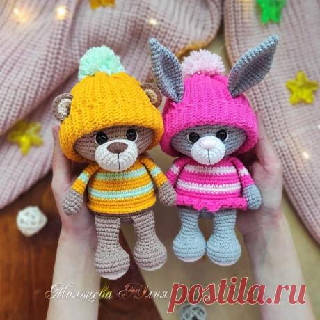 PDF Мишка и Зайка крючком. FREE crochet pattern; Аmigurumi animal patterns. Амигуруми схемы и описания на русском. Вязаные игрушки и поделки своими руками #amimore - медведь, медвежонок, мишка, заяц, зайка, зайчик, зайчонок.