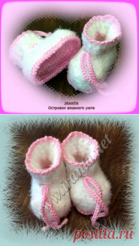 Пушистые пинетки для малыша на плоской стельке крючком