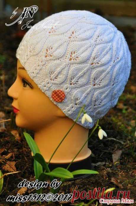 SNOWDROP" (ПОДСНЕЖНИКИ) - АЖУРНАЯ ШАПОЧКА СПИЦАМИ
ONline Linie 107 Supersoft, 60%хлопок, 40%акрил, 50г/130м
спицы 2,5мм на резинку, 3мм на основную часть и для набора петель
вес 48г, высота 20см
на ОГ 54см. 

Узор листики конечно не новый, но мною основательно переделанный. 

Краткое описание на ОГ 54см, примерно 5-7 лет: высота шапочки 20см, вес 48г. 

шапочка связана вкруговую (без шва) снизу вверх 

рапорт резинки 12п.
рапорт ажура 16п. 

На спицы 3мм набрала 108 петель...