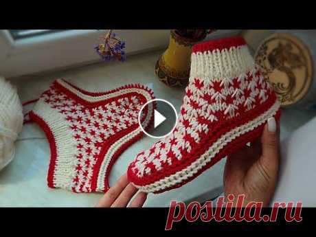 Вязаные тапочки с узором ЖАККАРД на 2-х спицах. Вяжем на размер 36-38 #вязаныеТапочки #ТапочкиСжаккардом #домашниеТапочкиСпицамиТапочки спицами с узором жаккард. Вяжем на размер 36-38, я использую яркую красную нить и со...