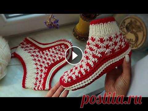 Вязаные тапочки с узором ЖАККАРД на 2-х спицах. Вяжем на размер 36-38 #вязаныеТапочки #ТапочкиСжаккардом #домашниеТапочкиСпицамиТапочки спицами с узором жаккард. Вяжем на размер 36-38, я использую яркую красную нить и со...