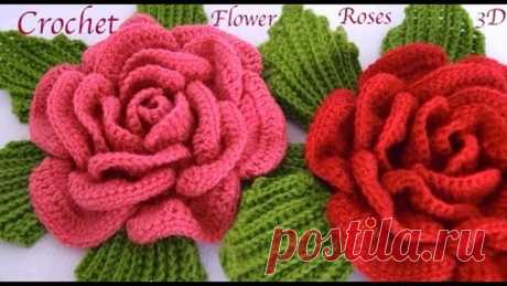 Como hacer flores Rosas gigantes 3D con hojas a Crochet paso a paso tejido tallermanualperu