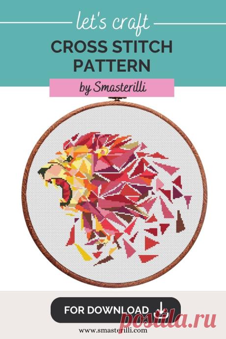 Modern geometric cross stitch pattern with lion , low poly embroidery ornament PDF by Smasterilli. Digital cross stitch pattern for instant download. easy cross stitch for beginners