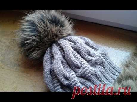 Шапка спицами из объемных кос. Часть 2 // Women's hats knitting