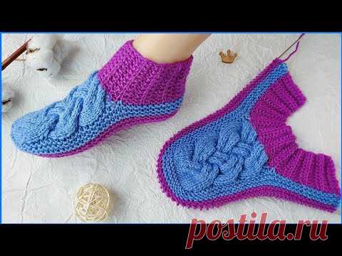 Домашние следки спицами с объёмной косой. Подробный МК