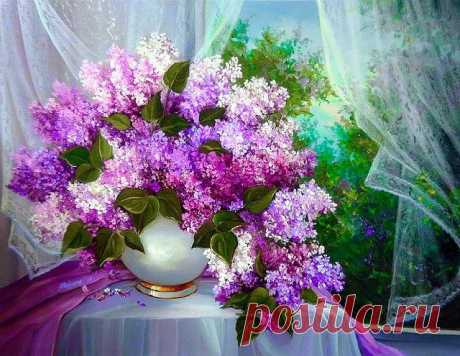 Схема вышивки «Сирень на окне.» - Вышивка крестом