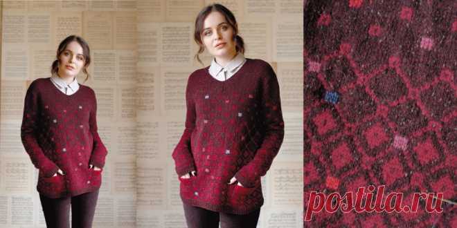 Жаккардовый джемпер Cinnabar Женский жаккардовый джемпер из новой коллекции Рован осень-зима 2017-2018 вяжется спицами двухцветным жаккардовым узором с изюминкой в виде разбросанных вышитых мохером квадратиков и с карманами.
