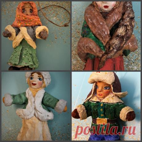Ёлочная ватная игрушка, ручная работа по старинным технологиям из ваты и крахмального клейстера. Игрушка окрашена акриловыми красками. Внутри игрушки каркас из проволоки. Лицо вылеплено из самозастывающей глины.