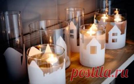 NÁPADY NA DEKORACE:Vystříhejte z papíru zimní krajinu, omotejte ji kolem vázy CYLINDER a připevněte páskou. Nalijte do vázy vodu a v ní nechte plavat svíčku.   Вырезать из бумаги зимний рисунок, обмотать вокруг вазы, закрепить. Налить воды и пусть в ней плавает свечка...