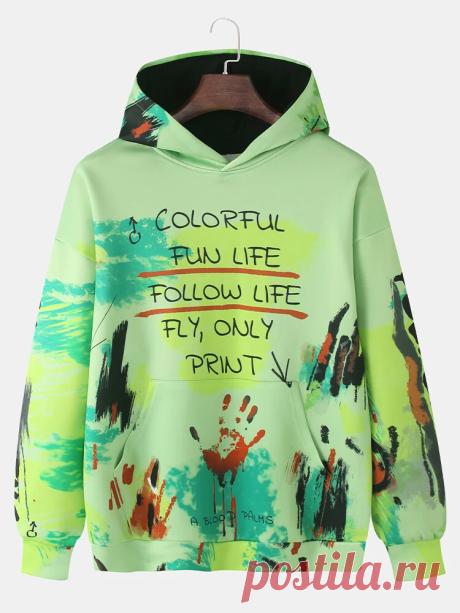 Mens Allover Graffiti Slogan Printed Loose Hoodies With Kangaroo Pocket - US$29.99