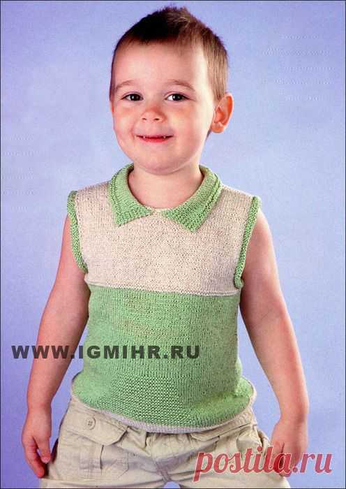 Летняя безрукавка с воротником для мальчика 3 лет. Спицы