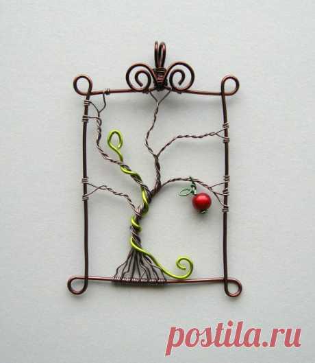 Eden - framed wire tree, serpent and apple pendant