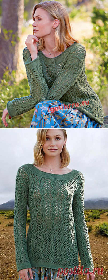 Темно-зеленый пуловер с ажурным узором из «кос». Вязание спицами со схемами и описанием