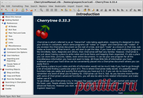 CherryTree cкачать на Windows бесплатно. CherryTree Удобная и простая в использовании программа для ведения заметок.

CherryTree имеет следующие особенности:

- Иерархическая структура заметок.

- Rich-text заметки.

- Подсветка синтаксиса.

- Хранение данных в одном XML или SQLite файле.

- Защита записей паролем.

- Импорт и экспорт текста.