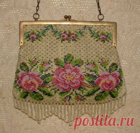 Vintage Glass Beaded Purse - Ivory, Roses, Beaded Looped Fringe