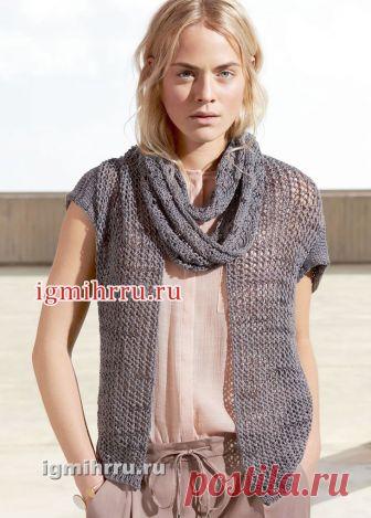Темно-серый летний комплект: жилет-сеточка и легкий снуд. Вязание спицами