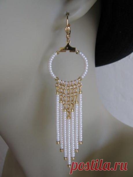 Seed Bead Chain Hoop Earrrings - Pearl Cream