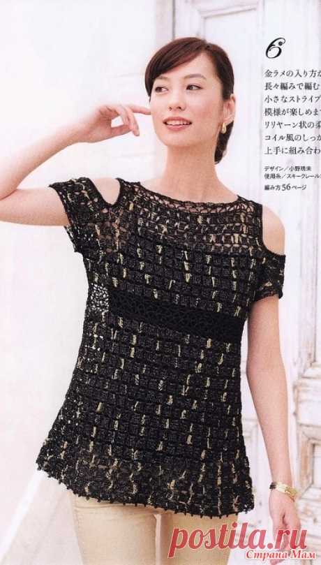 Золото на черном фоне: ажурная туника с открытыми плечами. Крючком. Схемы. / Страна Мам