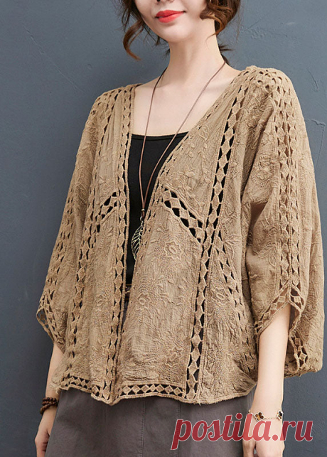 Light Khaki Loose Cardigan Hollow Out Batwing Sleeve – SooLinen