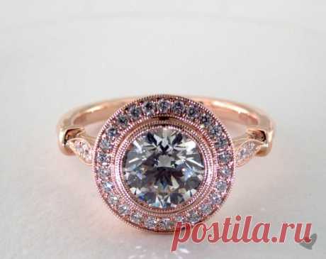Milgrain Accented Pave Halo Engagement Ring | 14K Rose Gold | 17119R14 - Mobile