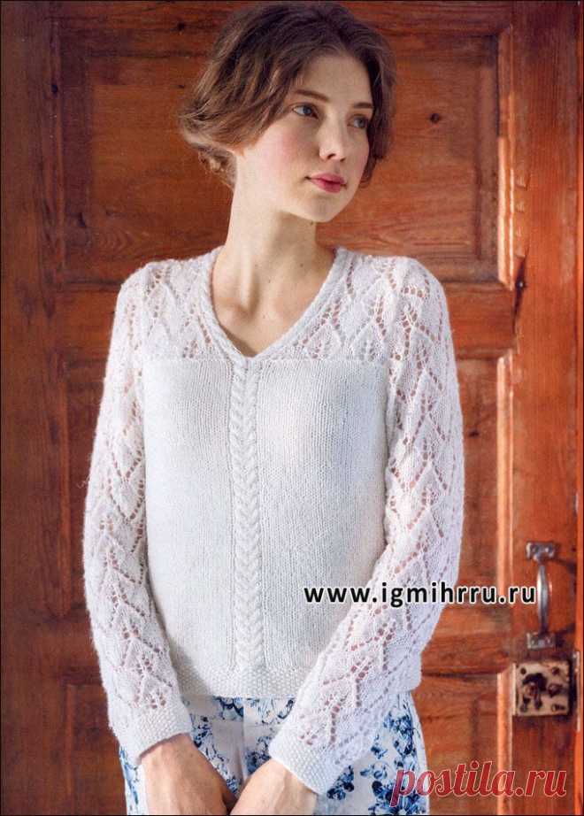 Нежный белый пуловер с ажурным узором, от финских дизайнеров. Спицы.