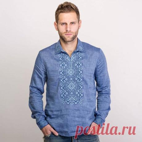 Чоловіча сорочка "Родинне коло" вишита хрестиком на синьому льняному полотні. Виділіть свою зовнішні - banderiwka