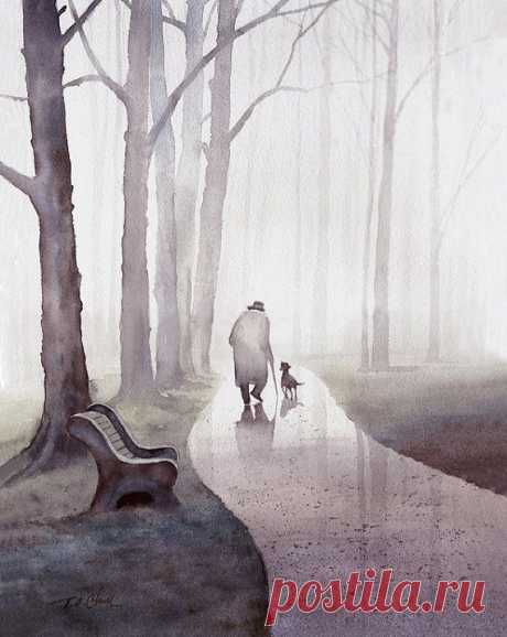 Walk In The Park Art print of watercolor painting - Old man and dog, Trees…