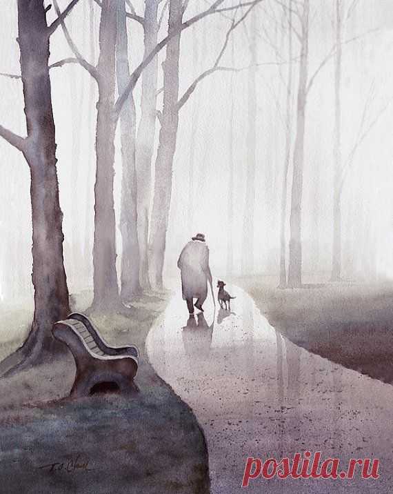 Walk In The Park Art print of watercolor painting - Old man and dog, Trees…