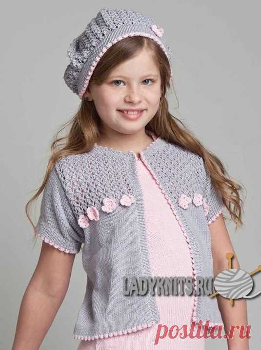 Вязаный спицами летний кардиган "Мисс Нежность" для девочки от 2 до 12 лет.