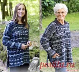 Для всех возрастов. Джемпер с разрезами Blue Fountain. Крючок. Размеры: S - M - L - XL - XXL - XXXL Материалы: пряжа DROPS BIG DELIGHT от Garnstudio 600-600-700-700-800-900 грамм, цвет 12, джинс-сине-зеленый; крючок № 6 мм.  Плотность вязания - 12 ст.