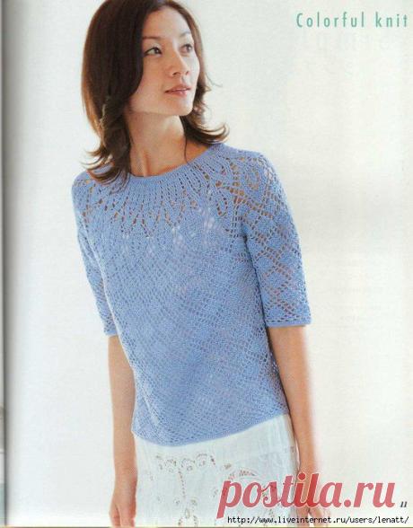 Блуза на круглой кокетке, узор которой имитирует брюггское кружево. Крючок. Схемы. /